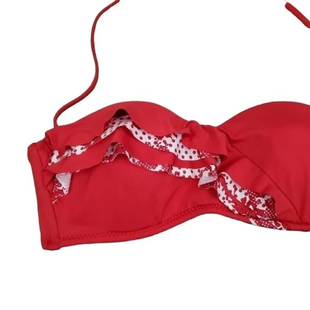 BECCA red polka dot Pinup ruffle bandeau bikini swimsuit women's size large